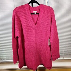 New Nine West $40 1X‎ Oversized Hot Pink Long Sleeve V-Neck Pullover Sweater